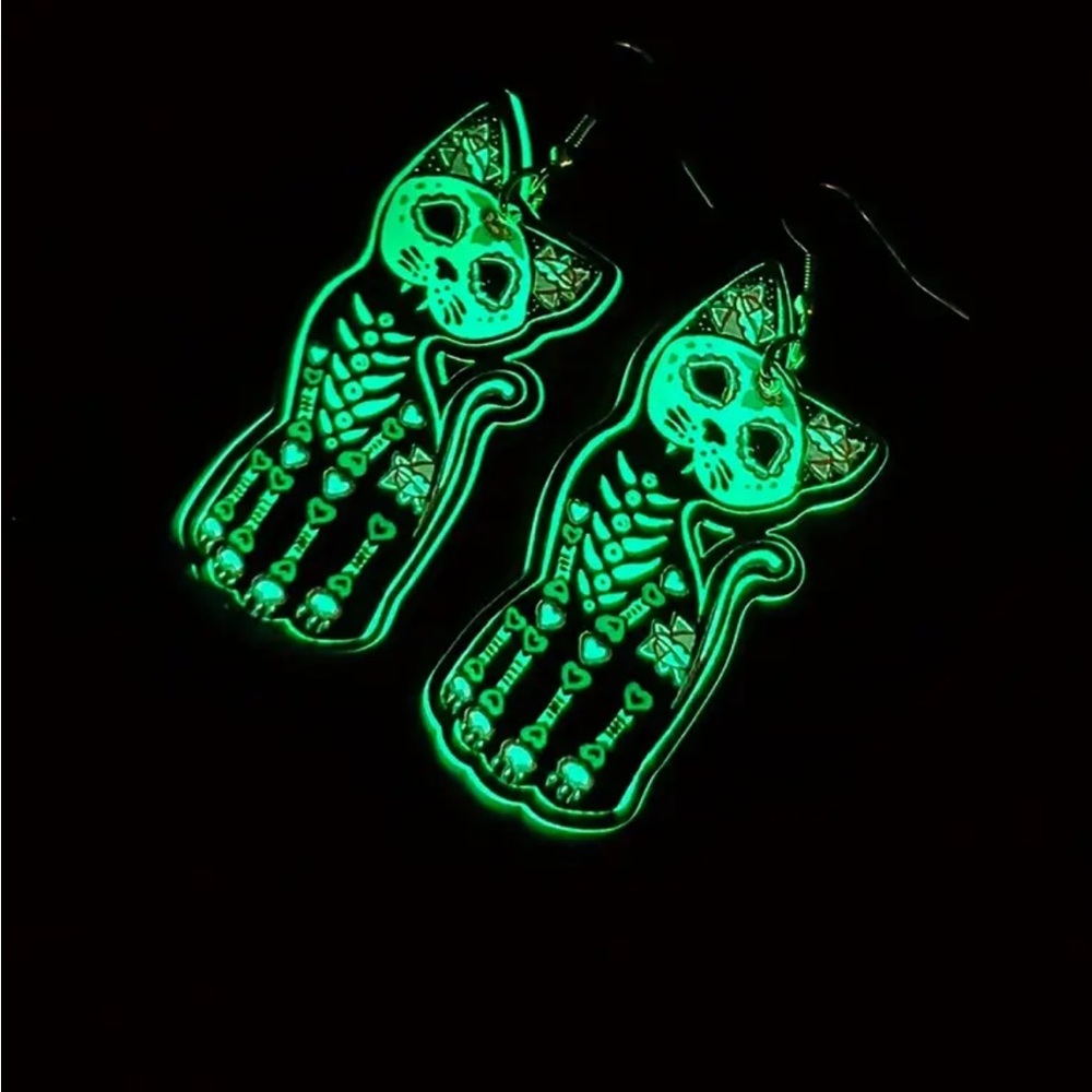 Glow in the Dark Day of the Dead Cat Earrings - Picture 2 of 3